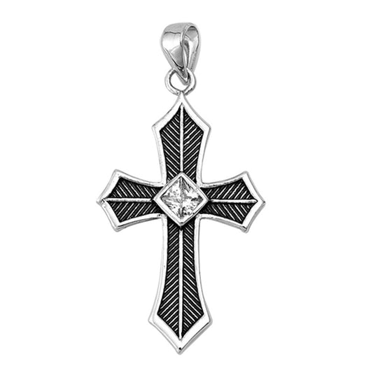 Sterling Silver Ornate Oxidized Feather Cross Pendant Clear CZ Charm