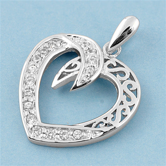 Heart Pendant Clear CZ .925 Sterling Silver Swirl Filigree Love Charm