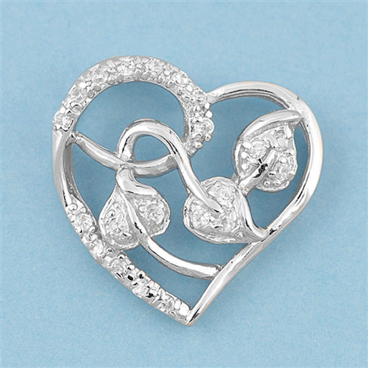 Heart Pendant Clear CZ .925 Sterling Silver Leaf Plant Vines Charm