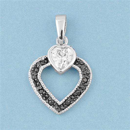 Pendant Heart Black CZ Clear CZ .925 Sterling Silver Charm