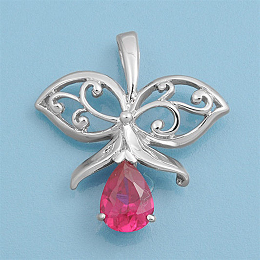 Sterling Silver Abstract Filigree Swirl Angel Wing Simulated Ruby Pendant Charm