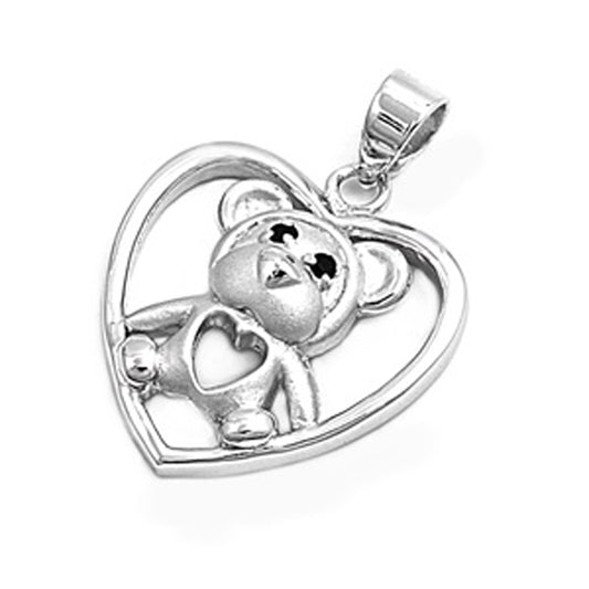 Sterling Silver Animal Double Heart Teddy Bear Pendant Black CZ Charm