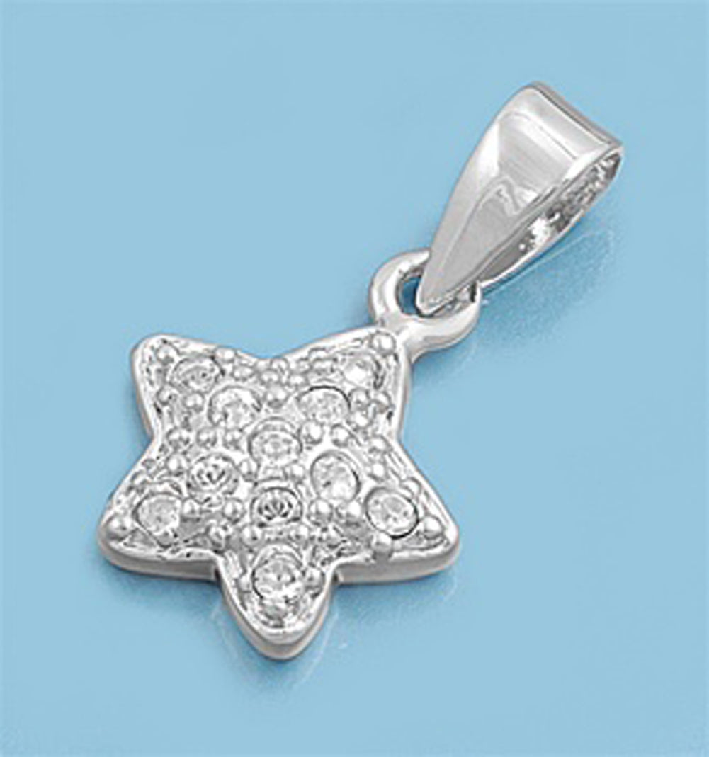 Sterling Silver Rounded Edges Encrusted Star Pendant Clear CZ Charm