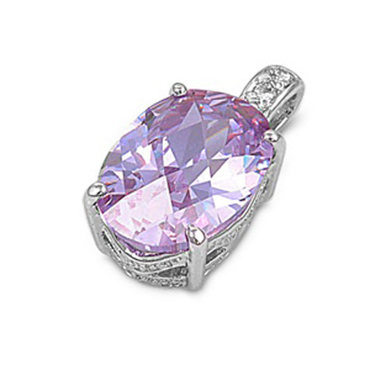 Sterling Silver Simple Oval Pendant Clear CZ Simulated Lavender Charm