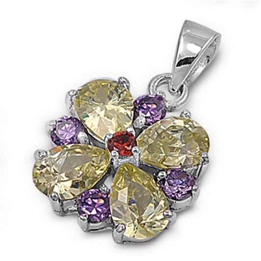 Fancy Multi Color Flower Pendant Simulated Garnet .925 Sterling Silver Charm