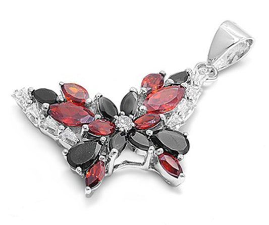 Studded Butterfly Flower Pendant Black CZ .925 Sterling Silver Charm