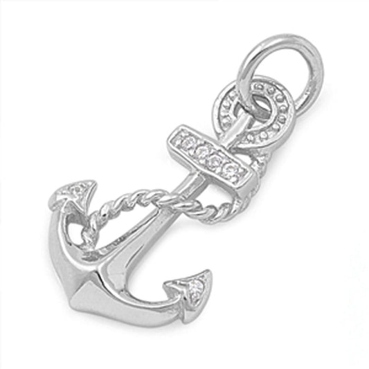 High Polish Anchor Pendant Clear CZ .925 Sterling Silver Shiny Charm