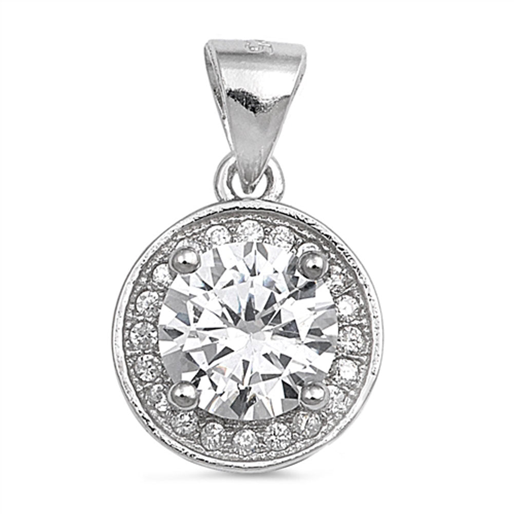 Sterling Silver Classic Elegant Halo Circle Pendant Clear CZ Charm