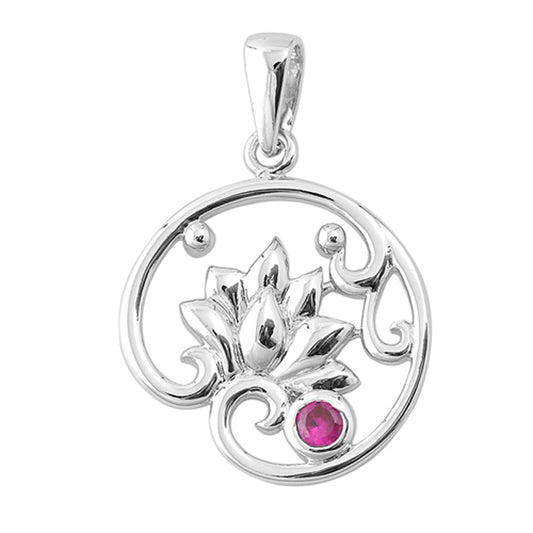 Flower Bloom Lily Pad Lotus Pendant Simulated Ruby .925 Sterling Silver Om Charm