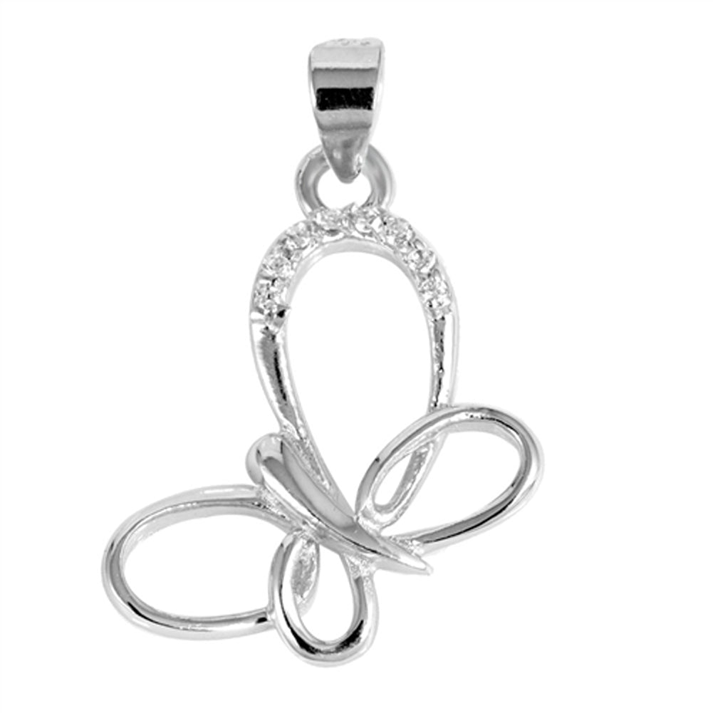 Sterling Silver Filigree Swirl Butterfly Insect Clear CZ Pendant Charm