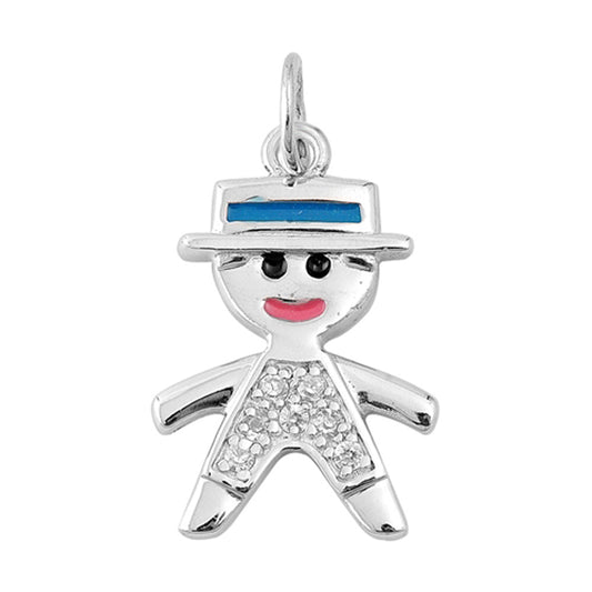 Sterling Silver Cute Gingerbread Man Person Hat Pendant Clear Simulated CZ Charm