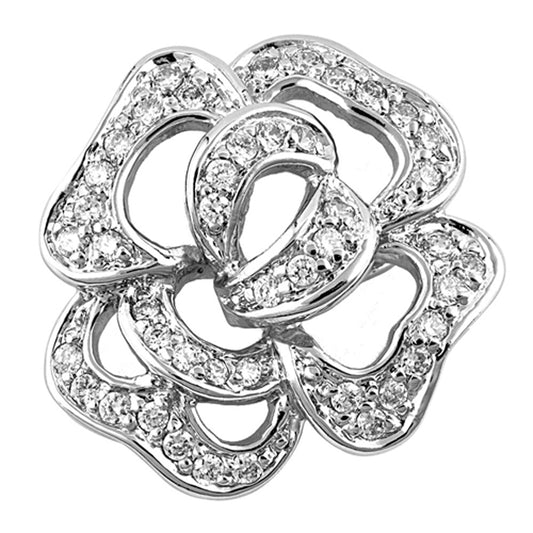 Sterling Silver Encrusted Rose Outline Sparkly Clear Simulated CZ Pendant Charm