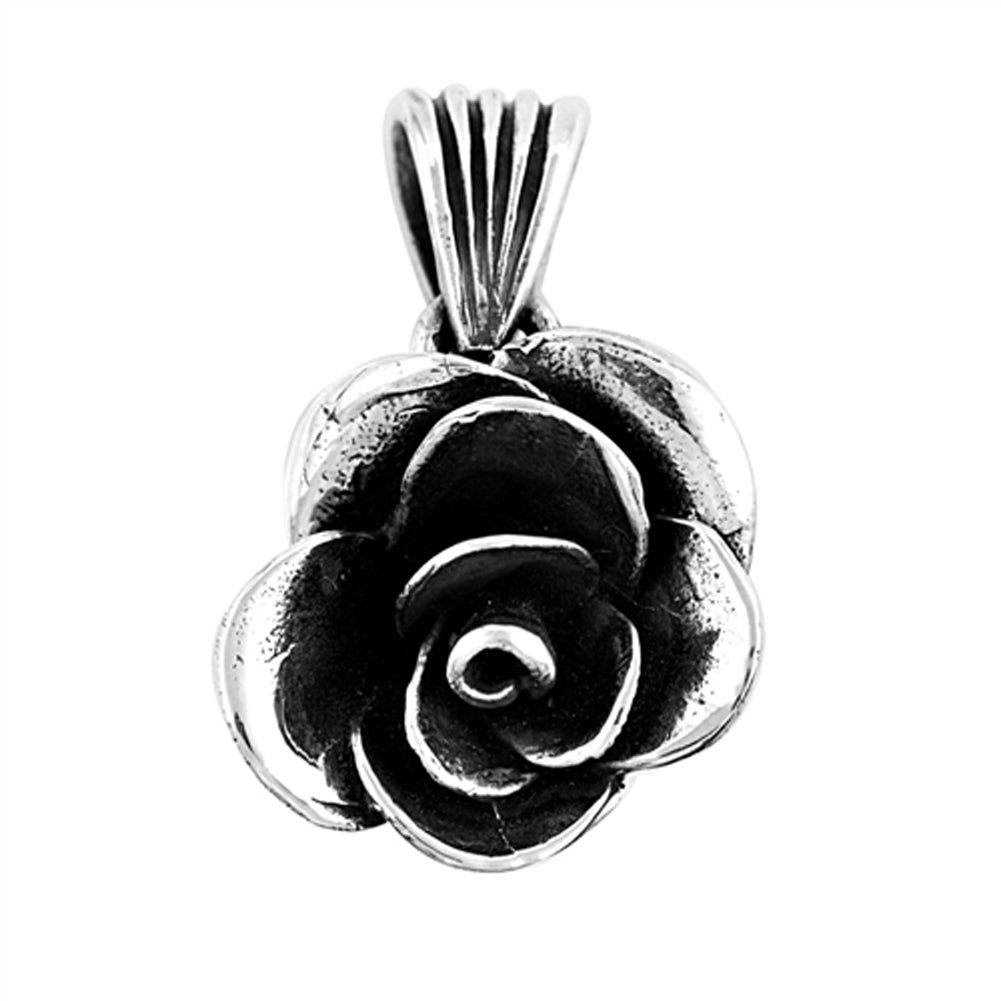 Petals Realistic Oxidized Rose Pendant .925 Sterling Silver Scalloped Tiny Charm