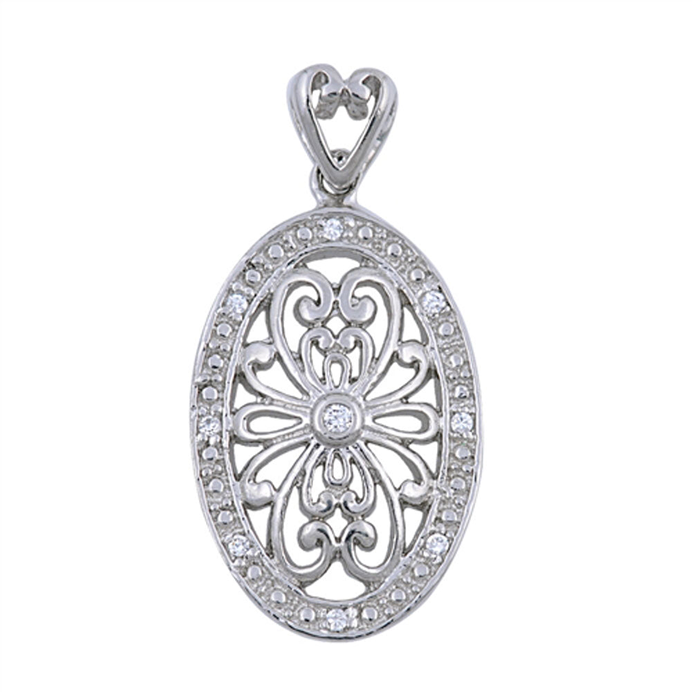 Sterling Silver Ornate Vintage Filigree Flower Clear CZ Pendant Charm