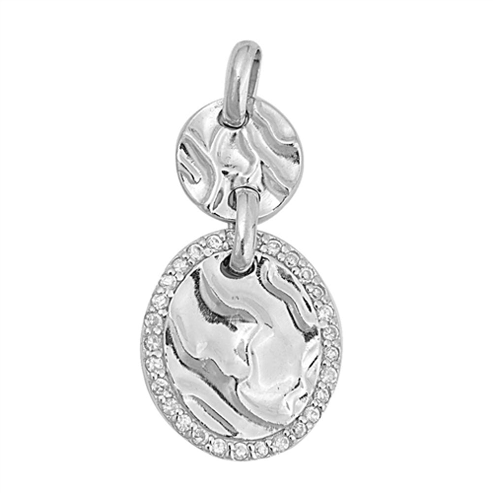 Ripple Texture Circle Clear CZ Pendant .925 Sterling Silver Oval Charm