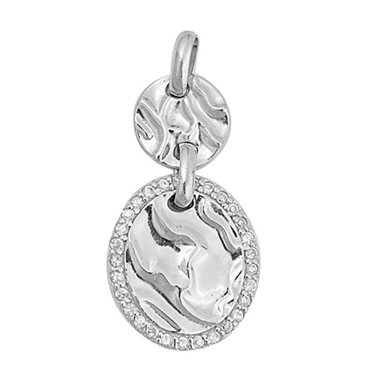 Ripple Texture Circle Clear CZ Pendant .925 Sterling Silver Oval Charm