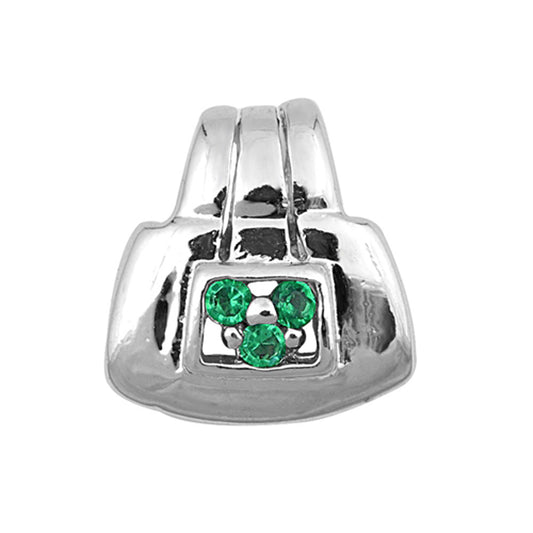 Handbag Shiny Fashion Purse Pendant Simulated Emerald .925 Sterling Silver Charm