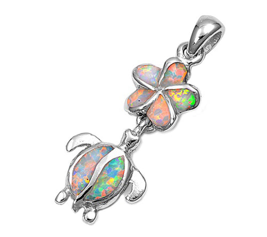 Dangle Plumeria Turtle Pendant White Simulated Opal .925 Sterling Silver Charm