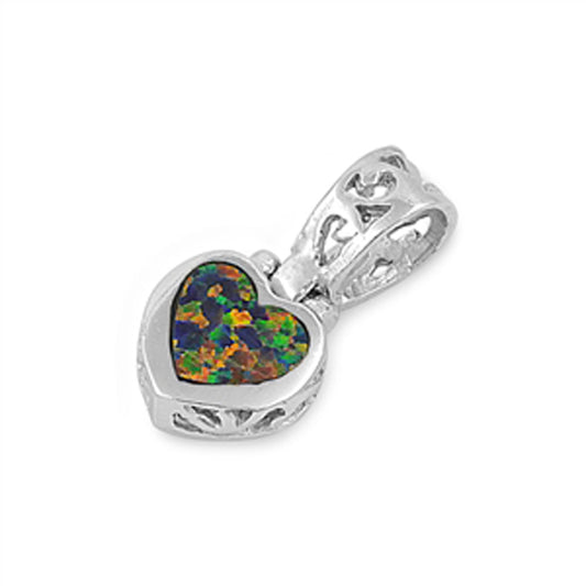 Sterling Silver Tiny Filigree Cutout Heart Pendant Mystic Simulated Opal Charm