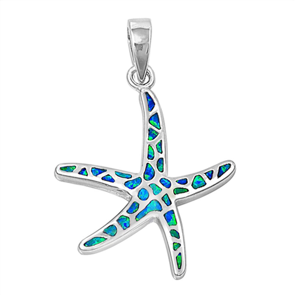 Sterling Silver Blue Synthetic Opal Starfish Pendant Sea Star Beach Charm 925