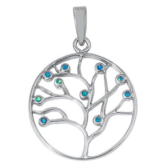 Sterling Silver Blue Synthetic Opal Tree of Life Pendant Studded Leaf Charm 925