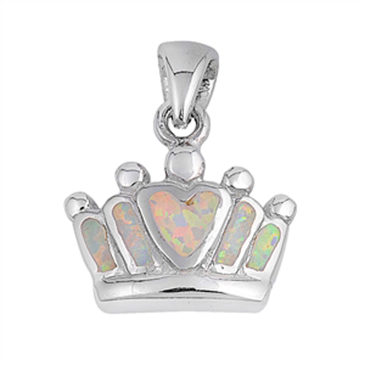 Heart Crown Pendant White Simulated Opal .925 Sterling Silver Princess Charm