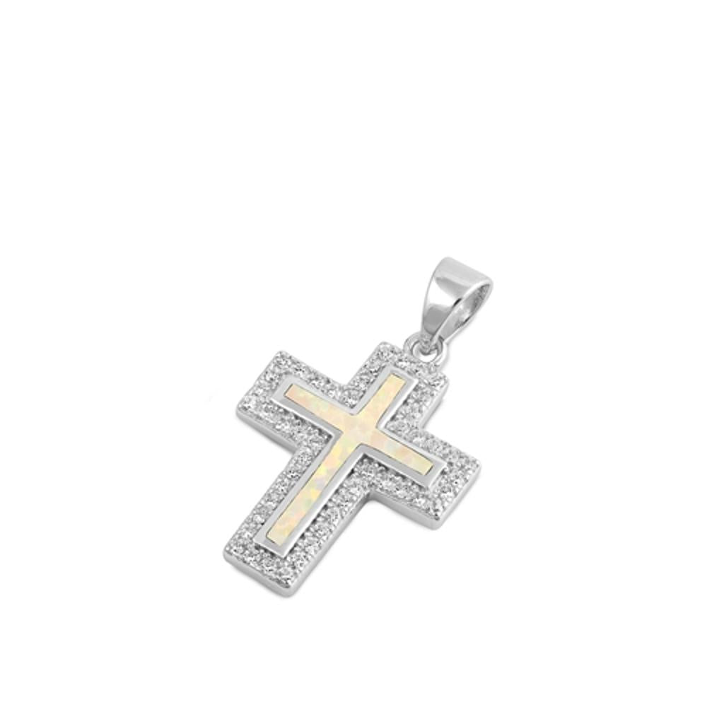 Sterling Silver White Synthetic Opal Elegant Studded Cross Pendant Halo Charm