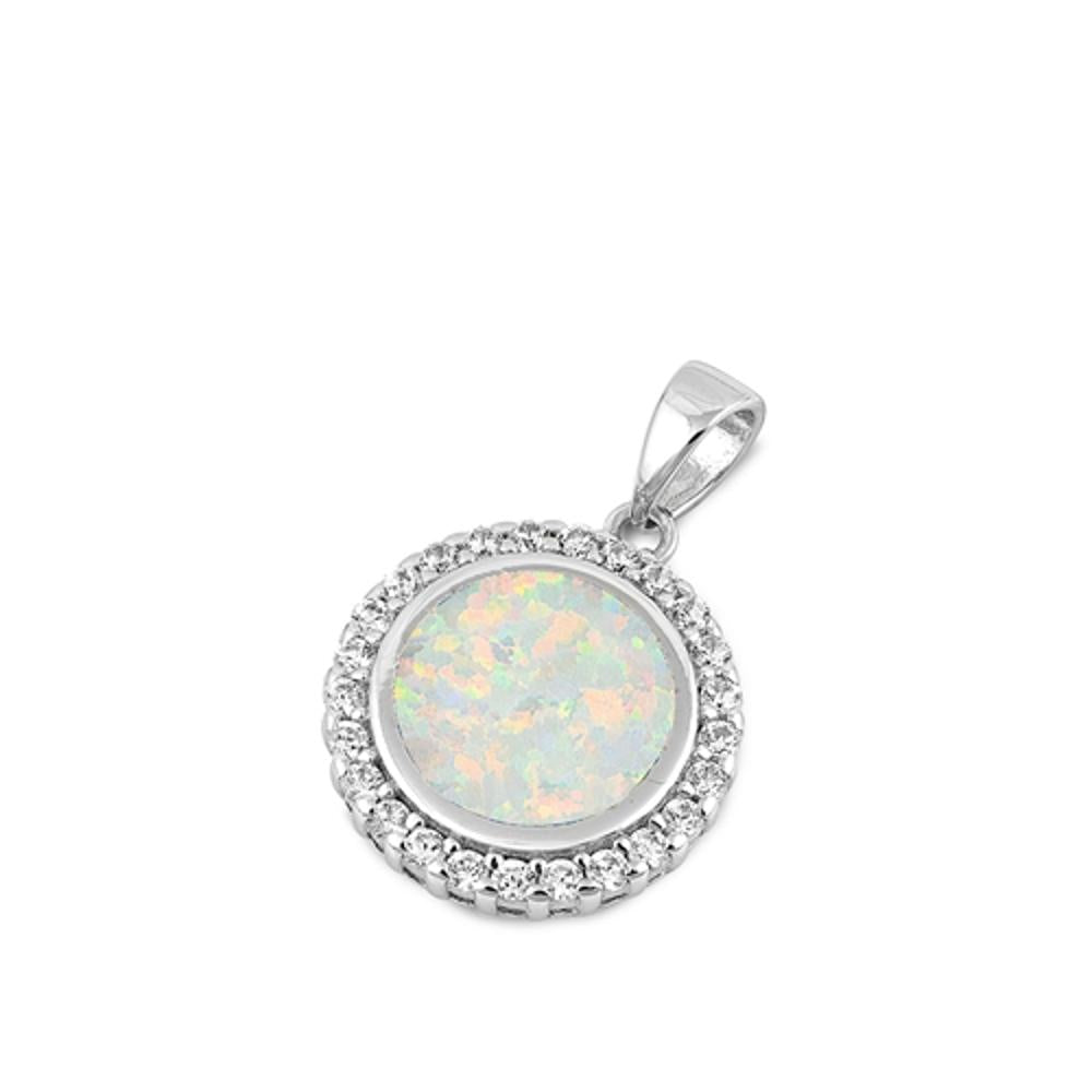 Sterling Silver White Synthetic Opal Studded Circle Pendant Vintage Style Charm