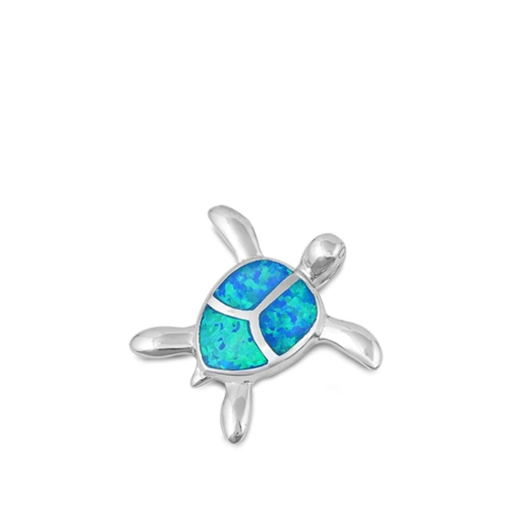 Sterling Silver Blue Synthetic Opal Turtle Pendant Ocean Beach Mosaic Charm 925