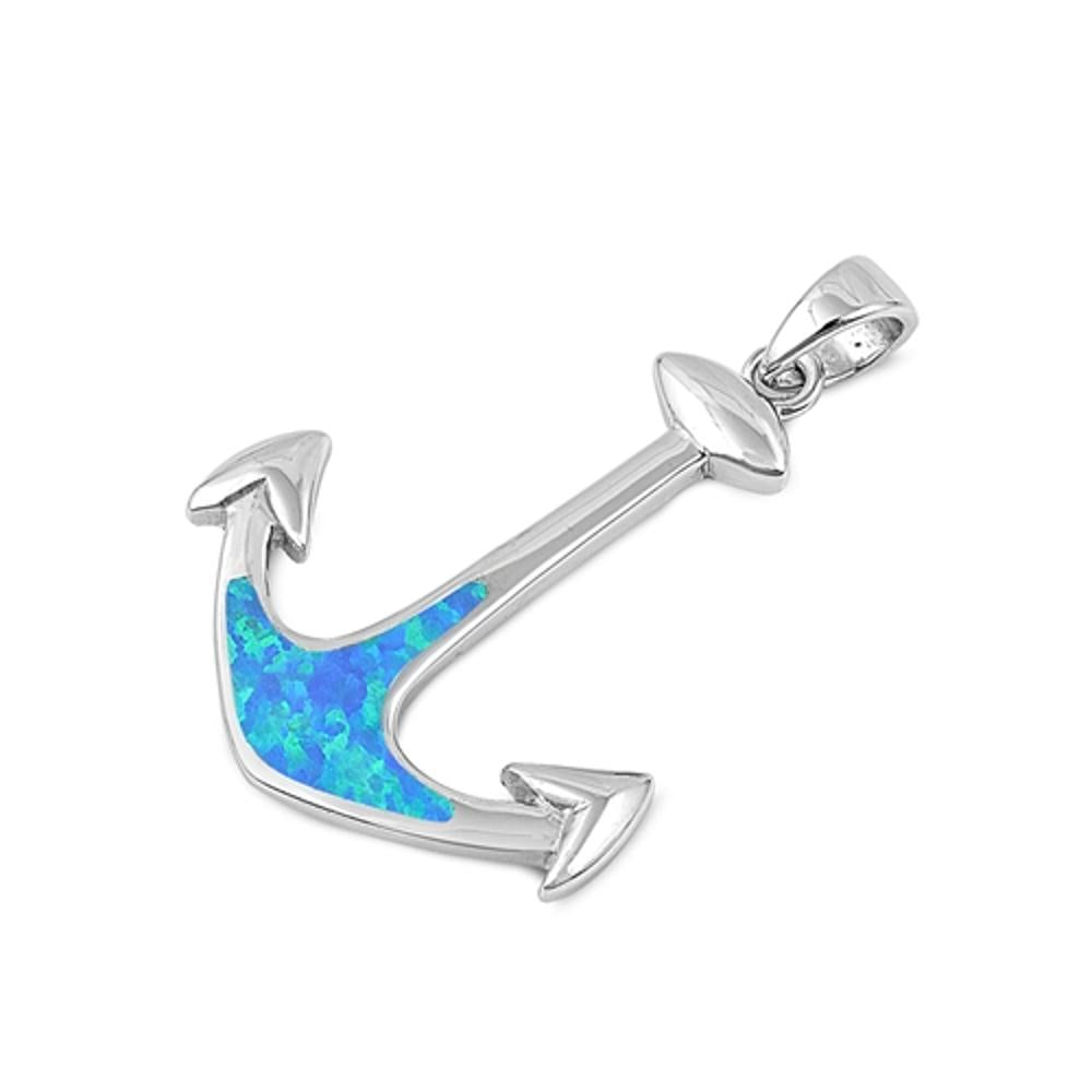 Sterling Silver Blue Synthetic Opal Nautical Anchor Pendant Classic Boat Charm