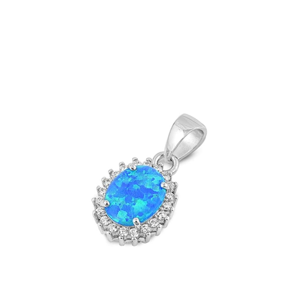 Sterling Silver Blue Synthetic Opal Elegant Burst Pendant Oval Vintage Charm