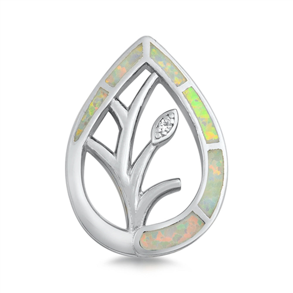 Sterling Silver White Synthetic Opal Leaf Pendant Branch Nature Charm 925 New