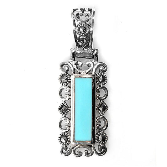 Long Floral Vine Oval Pendant Simulated Turquoise .925 Sterling Silver Charm