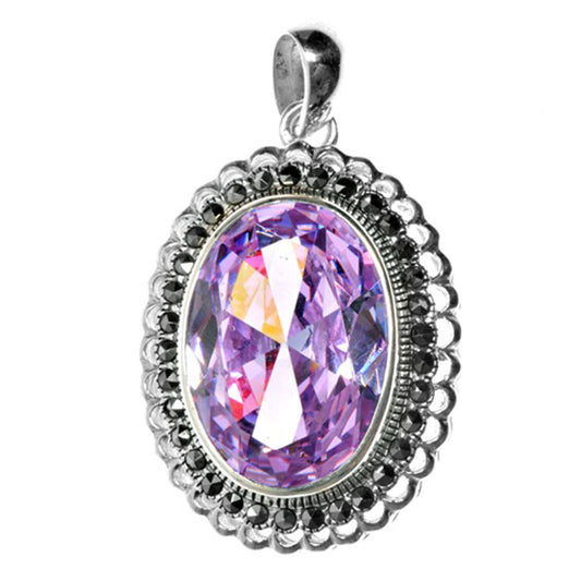 Sterling Silver Oval Scalloped Fantasy Solitaire Pendant Simulated Lavender