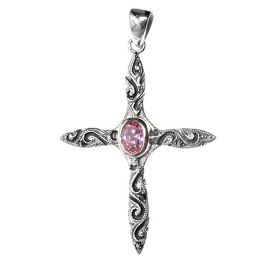 Fancy Spiral Cross Pendant Pink CZ .925 Sterling Silver Oval Charm