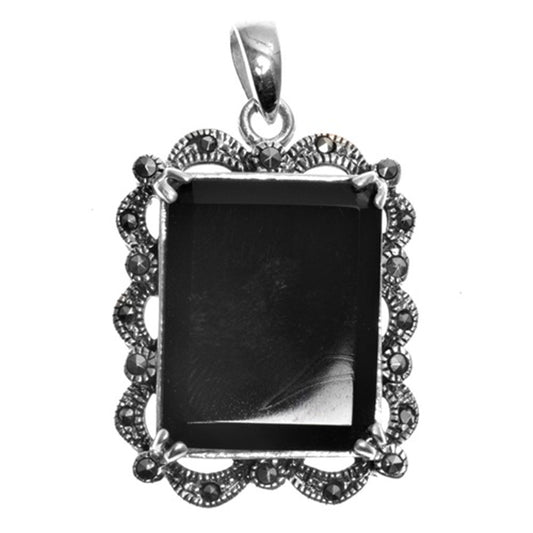 Vintage Scalloped Frame Rectangle Pendant .925 Sterling Silver Fancy Charm