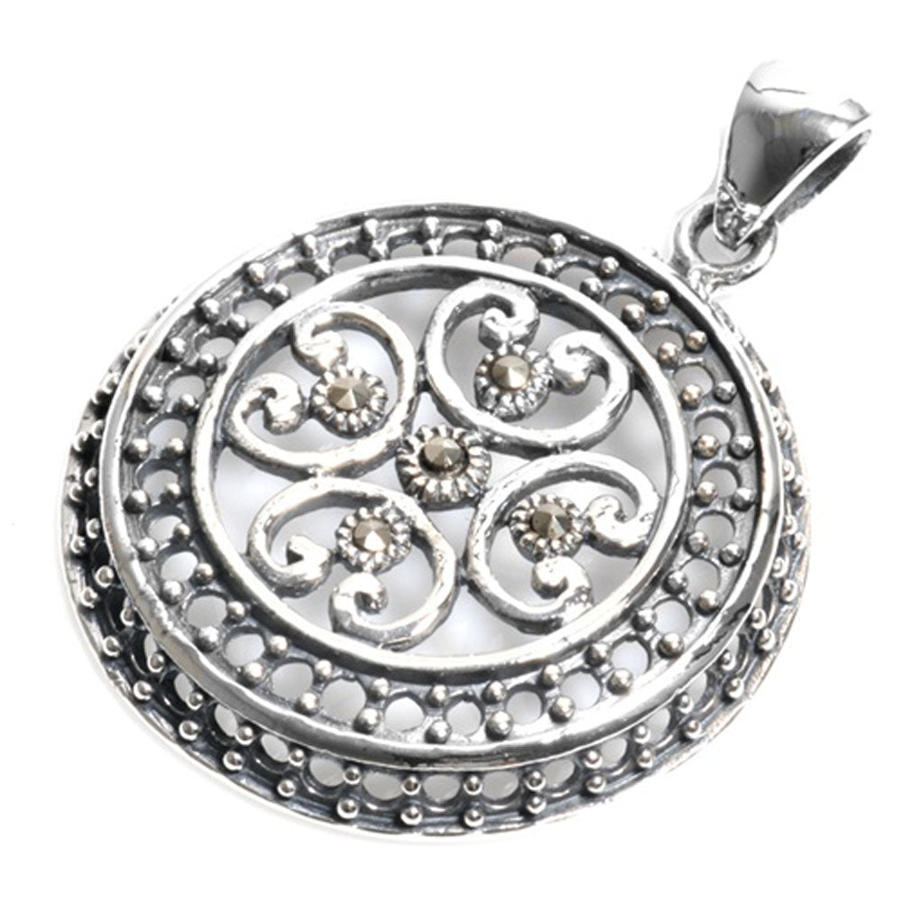 Filigree Swirl Medallion Pendant Simulated Marcasite .925 Sterling Silver Charm