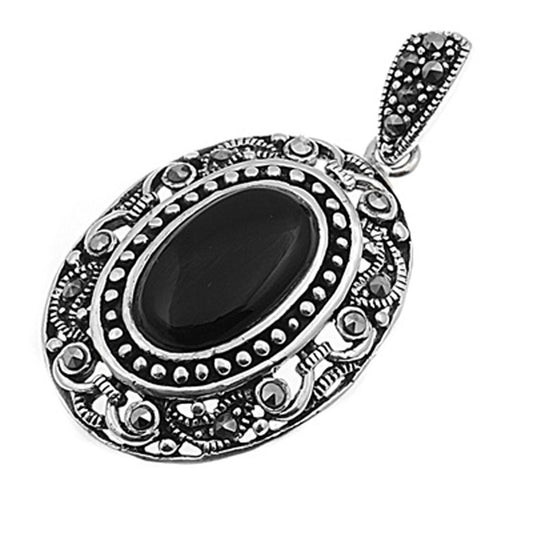 Ornate Filigree Oval Pendant Black Simulated Onyx .925 Sterling Silver Charm