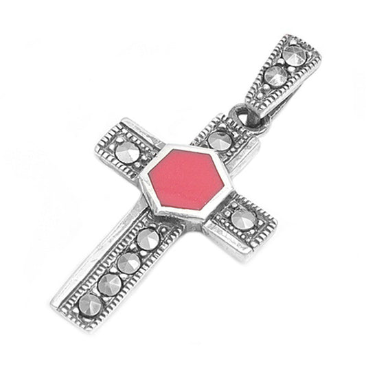 Geometric Studded Cross Pendant Simulated Carnelian .925 Sterling Silver Charm