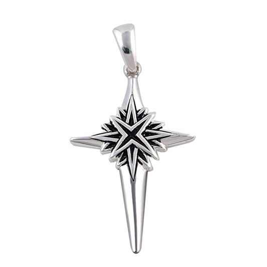 Oxidized X Pointed Star Cross Pendant .925 Sterling Silver Raised Pattern Charm