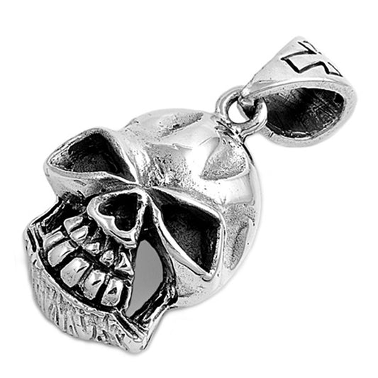 Scary Biker Skull Pendant .925 Sterling Silver Oxidized Eyes Skeleton Charm