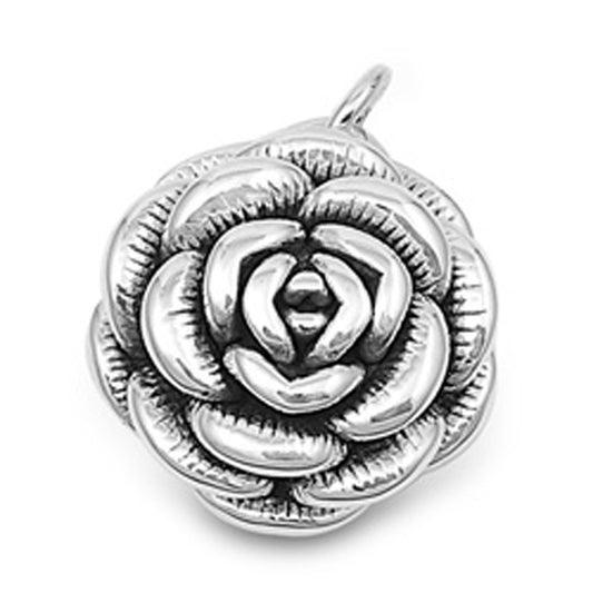 Flower Etched Rose Pendant .925 Sterling Silver High Polish Realistic Leaf Charm