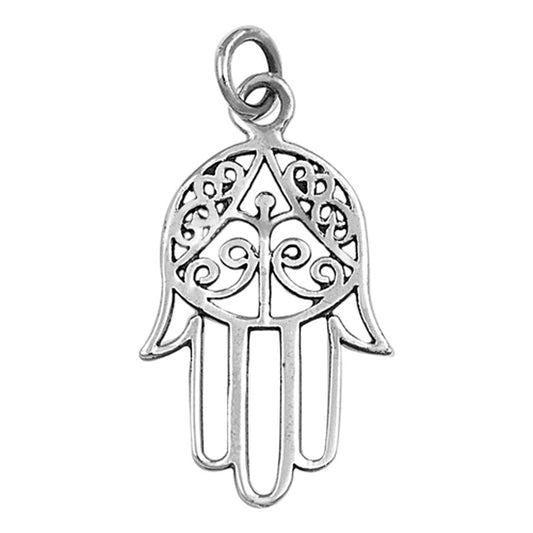 Hand of God Filigree Hamsa Pendant .925 Sterling Silver Double Thumb Swirl Charm