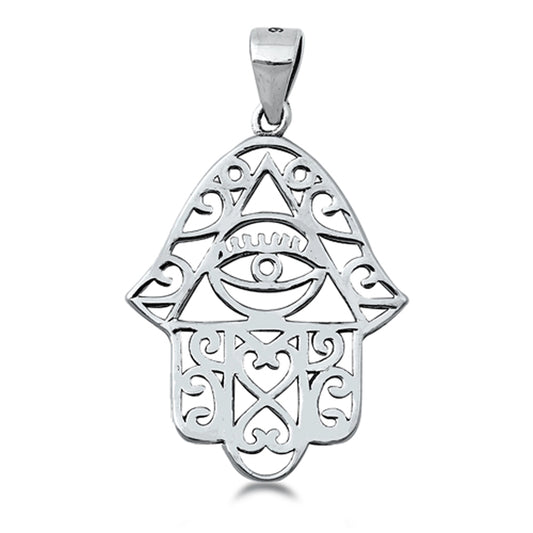 Sterling Silver Ornate Hamsa Pendant Hand of God Evil Eye Filigree Swirl Charm