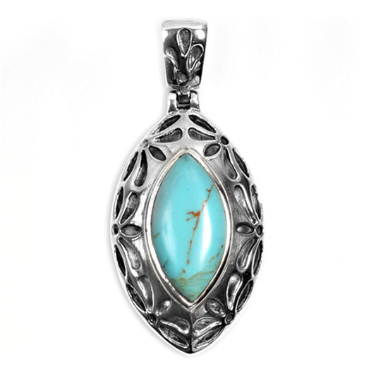 Elegant Flower Marquise Pendant Simulated Turquoise .925 Sterling Silver Charm