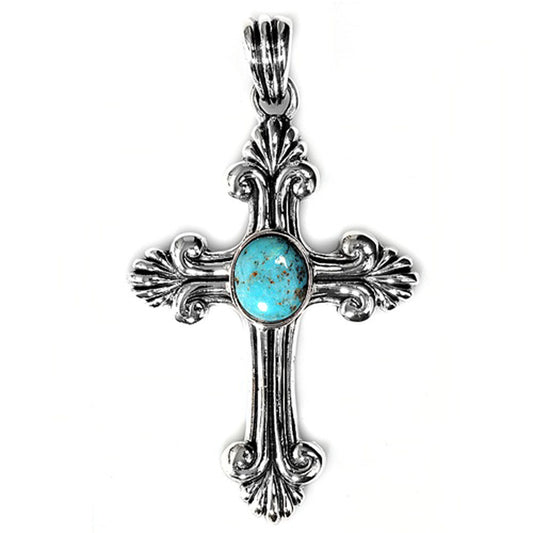 Sterling Silver Elegant Floral Oxidized Cross Pendant Simulated Turquoise Charm