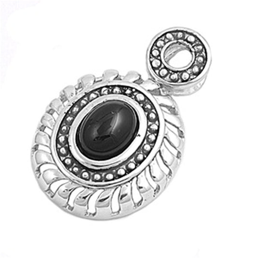 Sterling Silver Ornate Bali Halo Oval Medallion Black Simulated Onyx Pendant