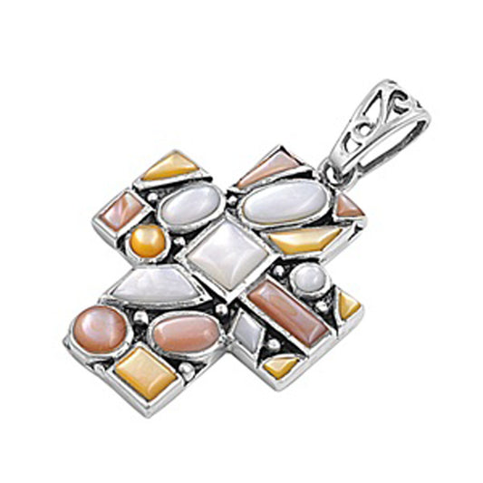 Christian Unique Multi Color Mosaic Cross Pendant .925 Sterling Silver Charm