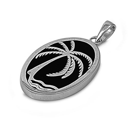 Dual Tone Palm Tree Pendant Black Simulated Onyx .925 Sterling Silver Charm