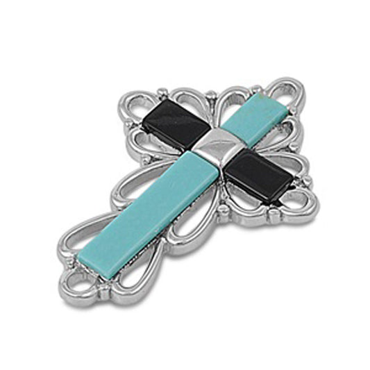 Cutout Filigree Cross Pendant Simulated Turquoise .925 Sterling Silver Charm